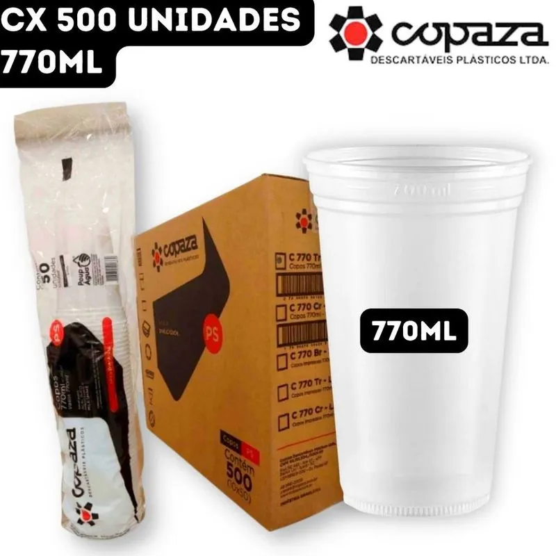 Copo Plástico Descartável Copaza ps Liso Translúcido Suco Açaí - Linha Dia a Dia - 770ml - cx 500 Unidades (CX10x50)