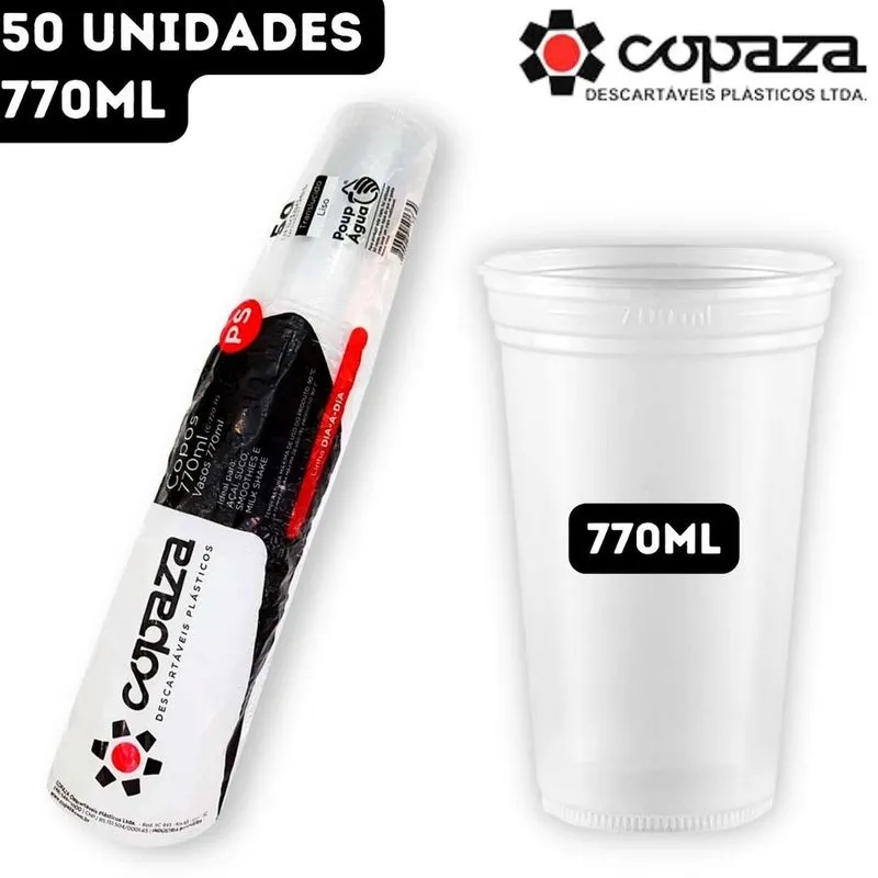 Copo Plástico Descartável Copaza ps Liso Translúcido Suco Açaí Smoothie - Linha Dia a Dia - 770ml - 50 Unidades