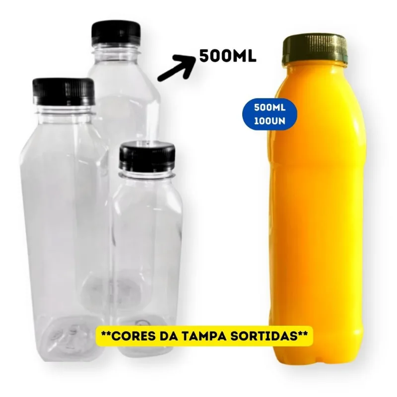 Garrafa Plástica Descartável Transparente com Tampa Preta/Color Usicomp - 500ml - fd 100 Unidades