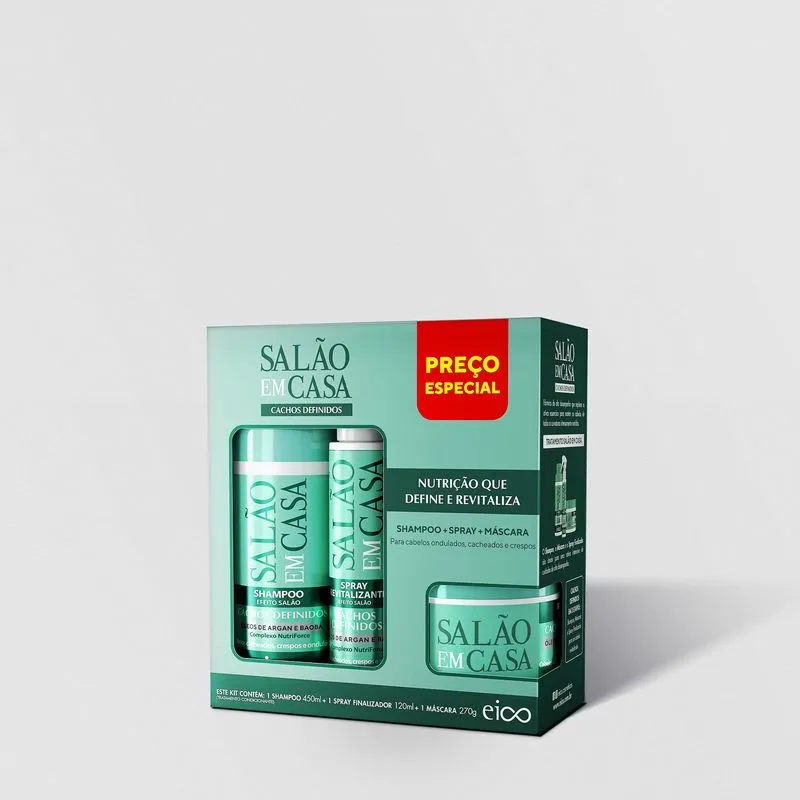 Kit Shampoo 450ml + Spray Finalizador + Máscara - Salão em Casa Cachos Definidos