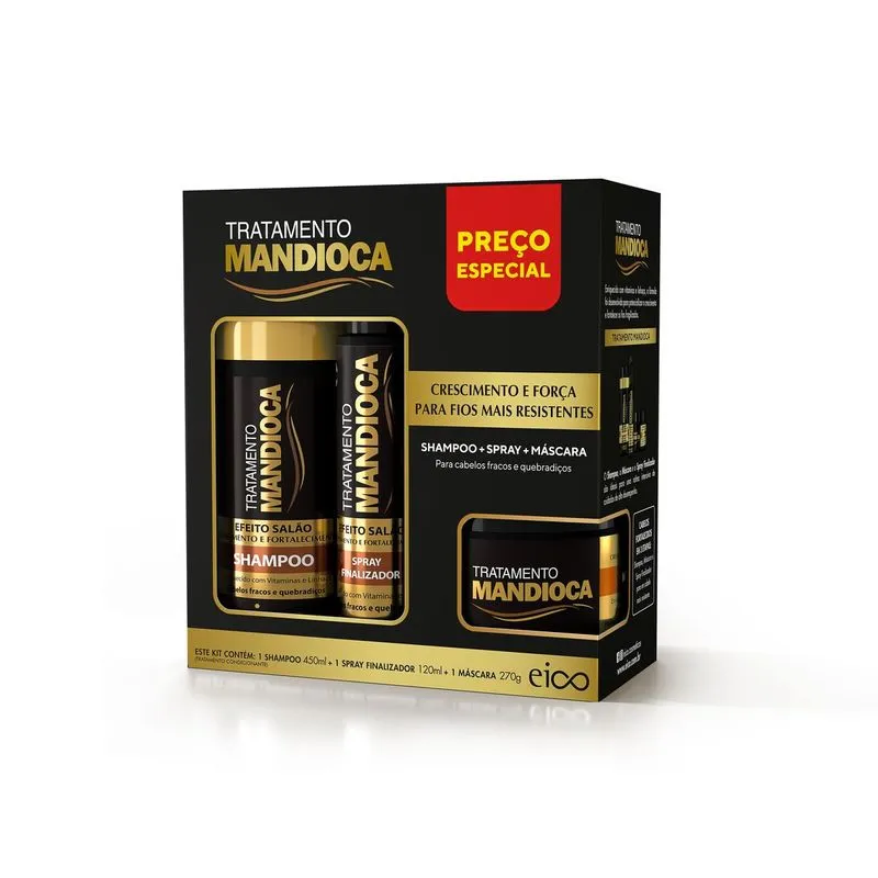 Kit Tratamento + Fluido Efeito Salao Mandioca 840ml - Eico