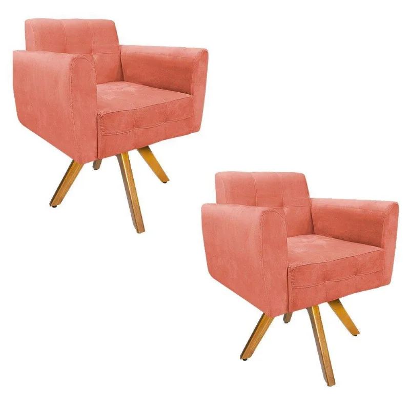 Kit 02 Poltronas Stella Giratória de Madeira Suede Coral