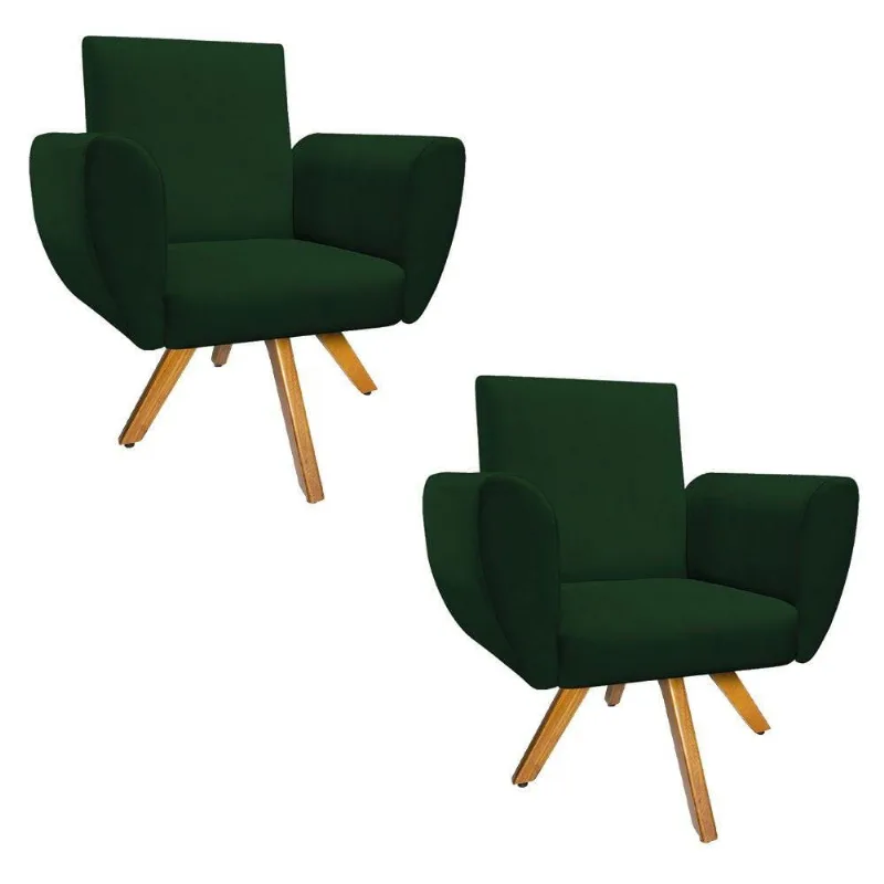 Kit 02 Poltronas Elisa Base Giratória de Madeira Suede Verde