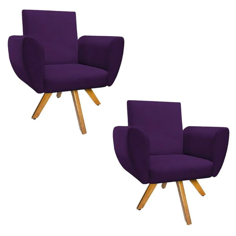 Kit 02 Poltronas Elisa Base Giratóriade Madeira Suede Roxo
