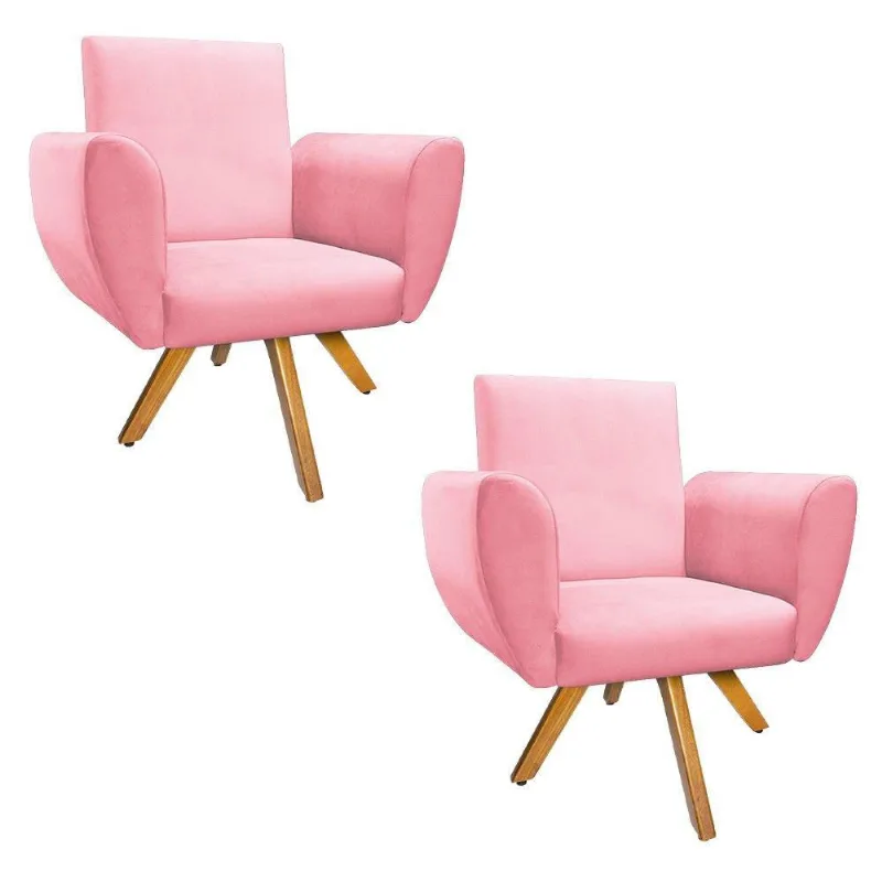 Kit 02 Poltronas Elisa Giratória Madeira Suede Rosa Bebê