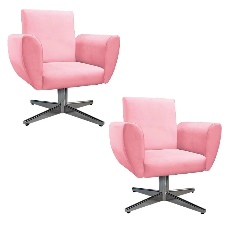 02 Poltronas Elisa Base Giratória De Metal Suede Rosa Bebê