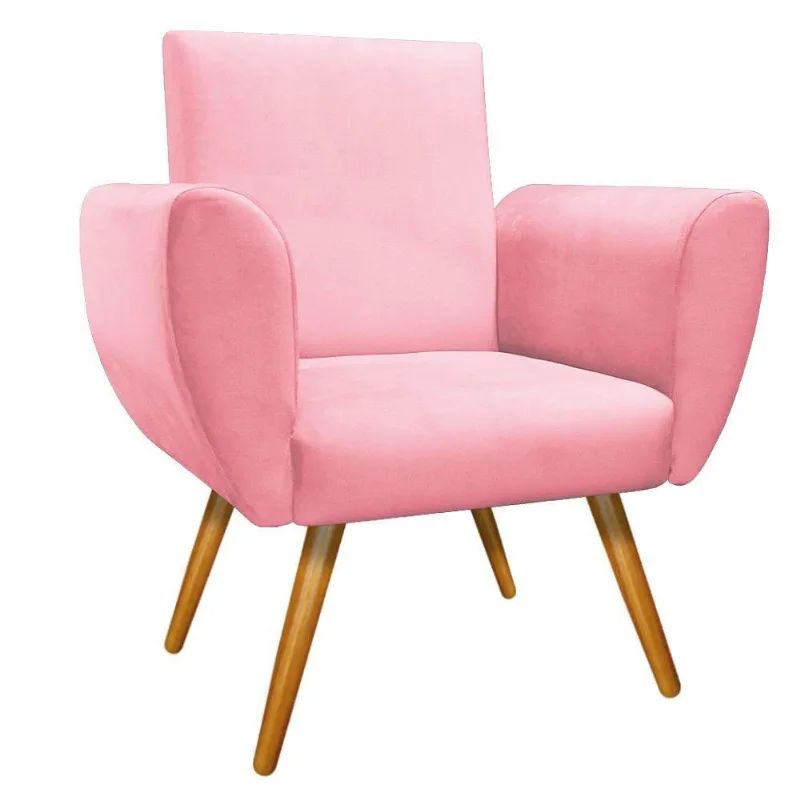 Poltrona Elisa Pés Palito Mel Suede Rosa Bebê