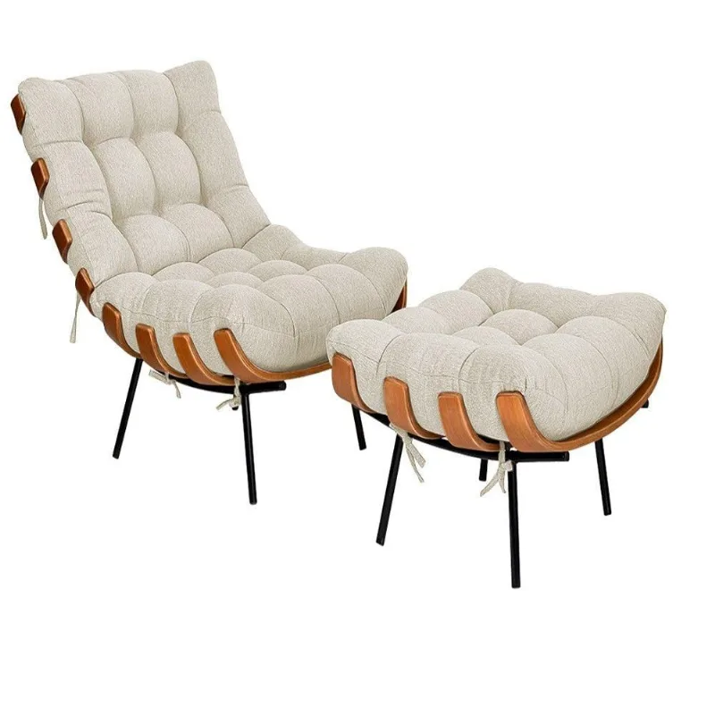Kit Poltrona E Puff Costela Pés Fixo Linho Bege Adj Decor