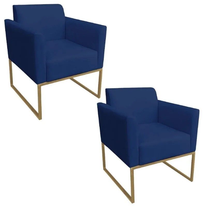 Kit 2 Poltronas Decorativas Base Industrial Dourada Maressa S04 Suede Azul Marinho - Ibiza