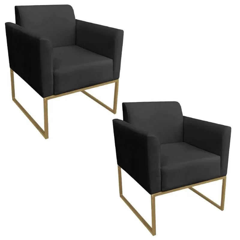 Kit 2 Poltronas Base Industrial Dourada Suede Preto Ibiza