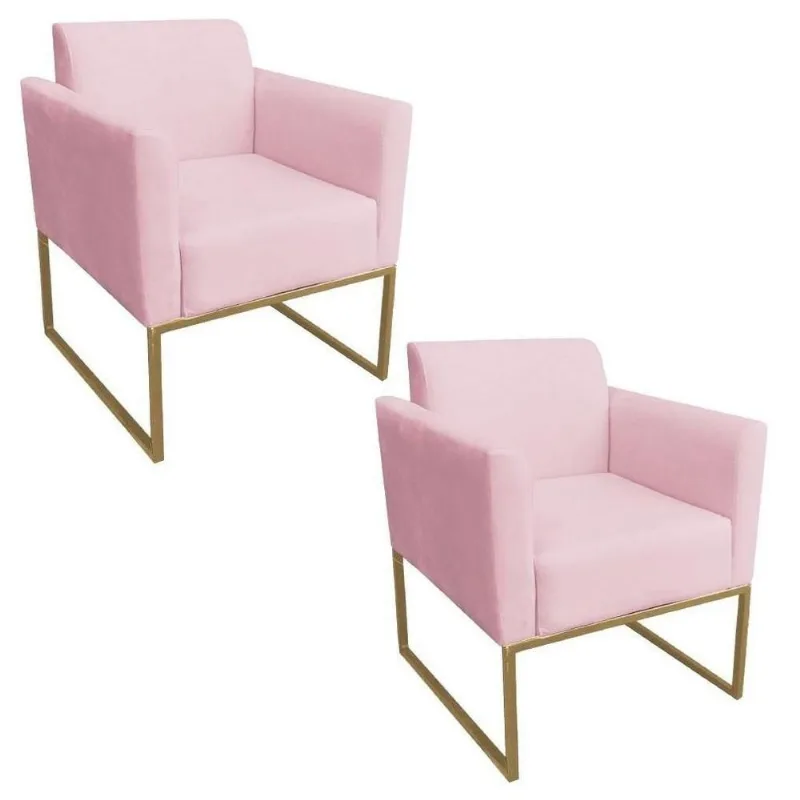 Kit 2 Poltronas Base Industrial Dourada Suede Rosa Bebê