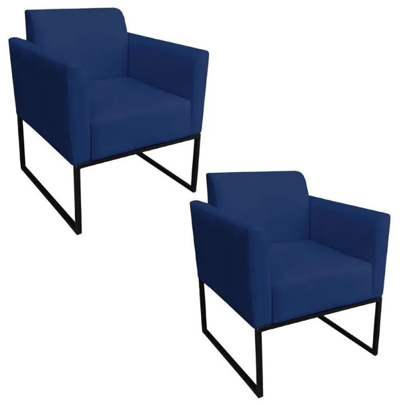Kit 2 Poltronas Base Industrial Preto Suede Azul Marinho