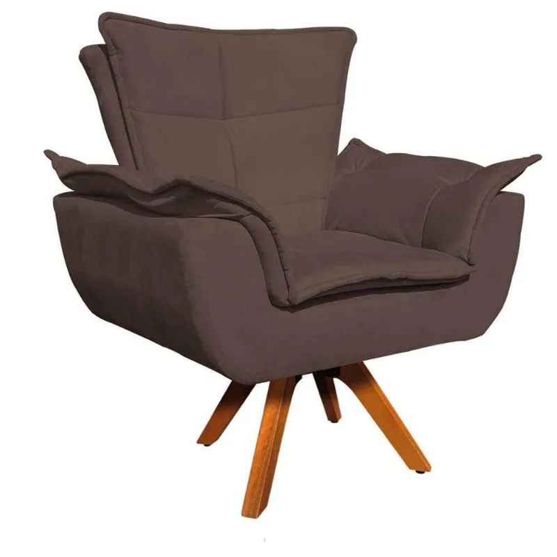 Poltrona Base Giratória Madeira Suede Marrom