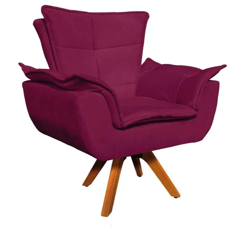 Poltrona Base Giratória Madeira Suede Vinho