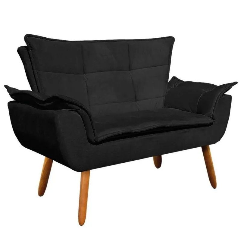 Poltrona Namoradeira 2 Lugares Pés Palito Suede Preto