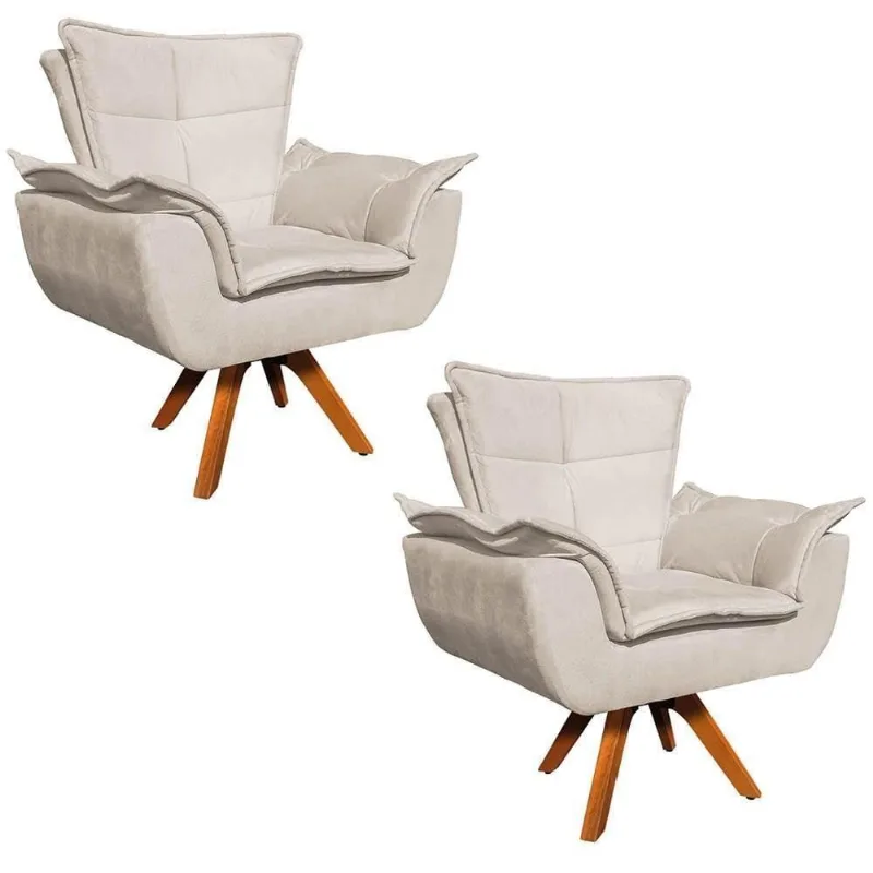 Kit 2 Poltronas Madeira Suede Bege Ibiza