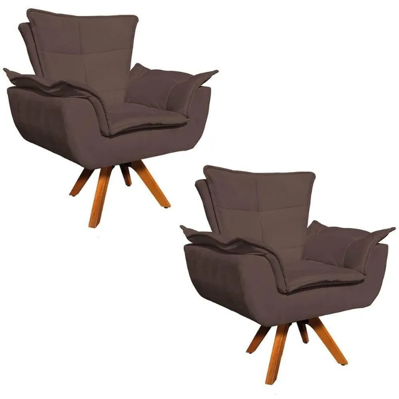 Kit 2 Poltronas Decorativas Sala De Estar Base Giratória Madeira Opla Suede Marrom - Ibiza