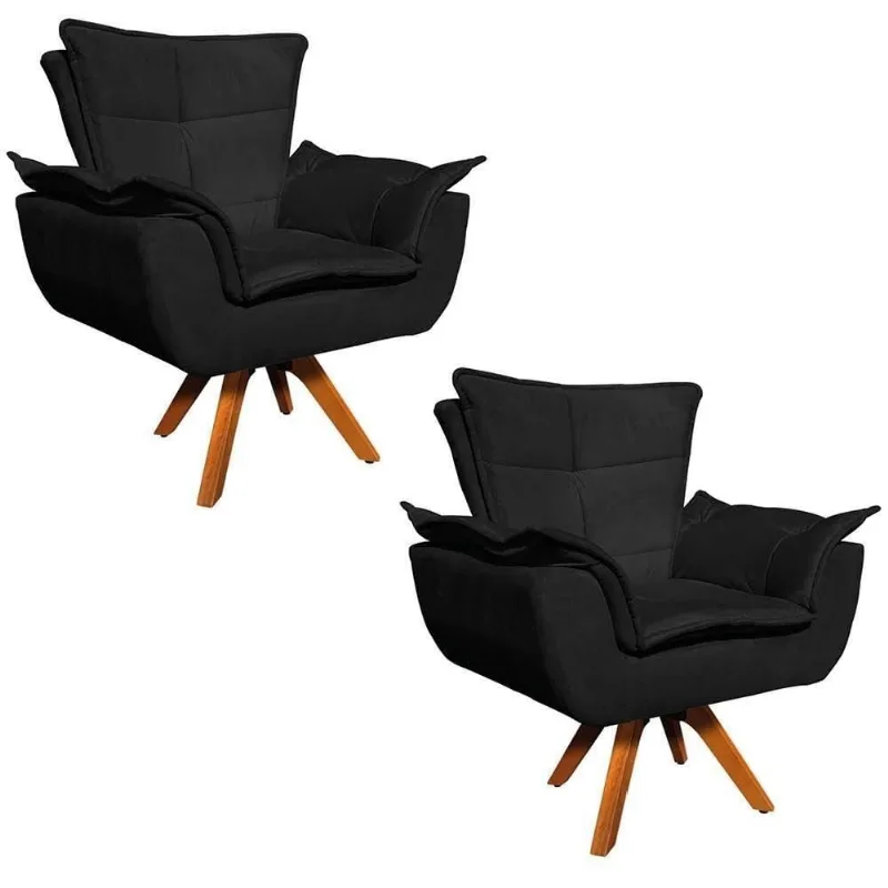 Kit 2 Poltronas Madeira Suede Preto Ibiza