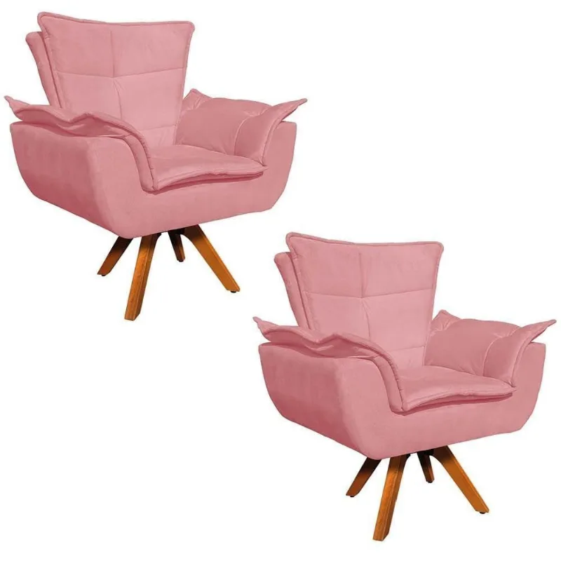 Kit 2 Poltronas Decorativas Sala De Estar Base Giratória Madeira Opla Suede Rose - Ibiza