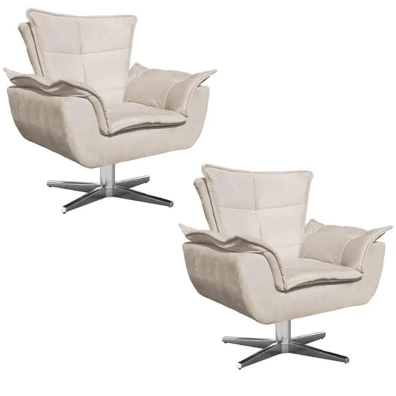 Kit 2 Poltronas Cromada Suede Bege Ibiza
