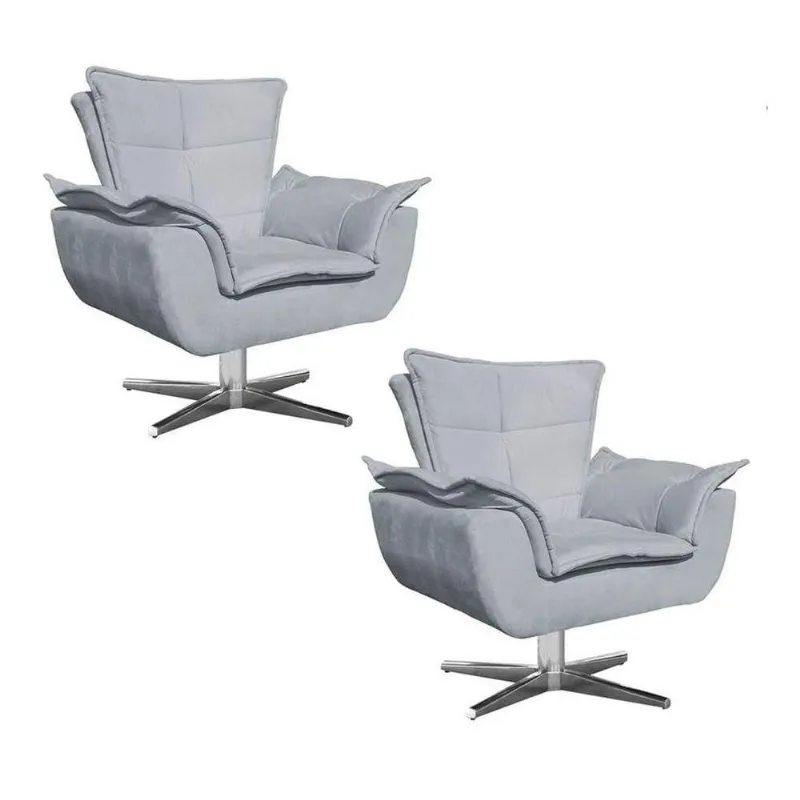 Kit 2 Poltronas Base Giratória Cromada Suede Cinza