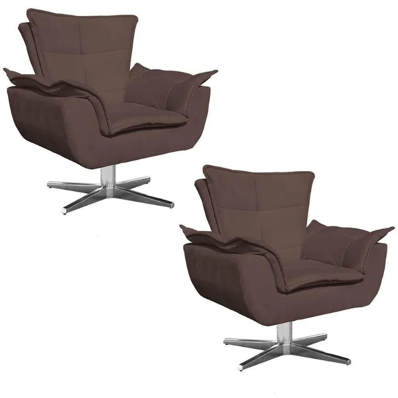 Kit 2 Poltronas Decorativas Sala De Estar Base Giratória Cromada Opla Suede Marrom - Ibiza