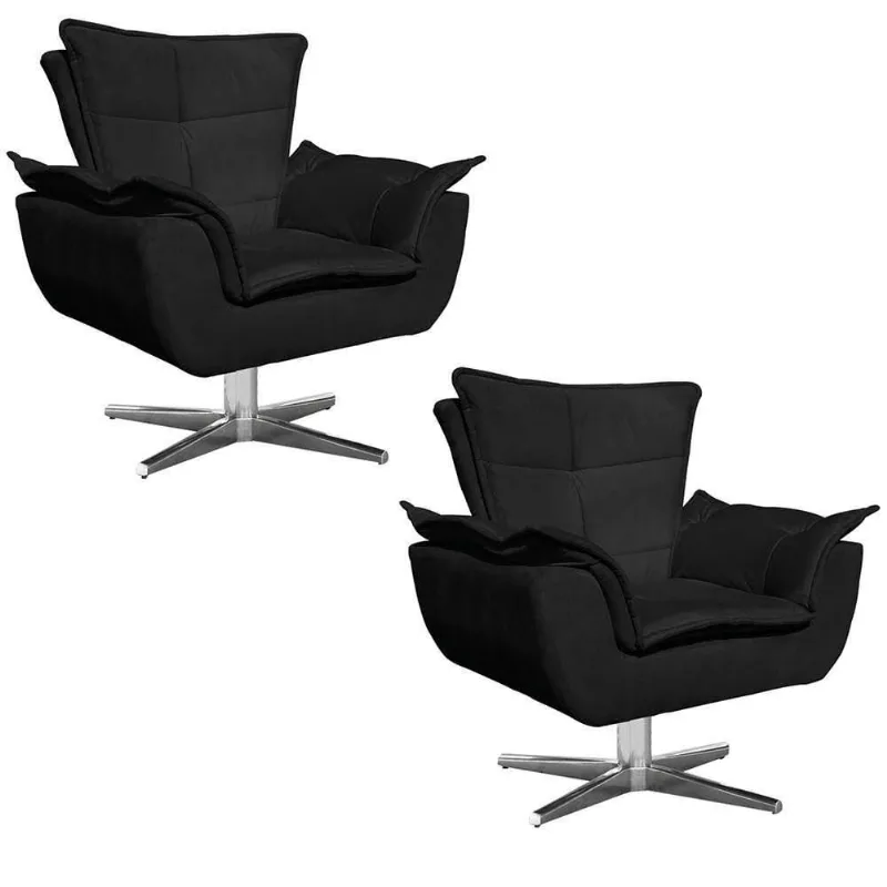Kit 2 Poltronas Decorativas Sala De Estar Base Giratória Cromada Opla Suede Preto - Ibiza