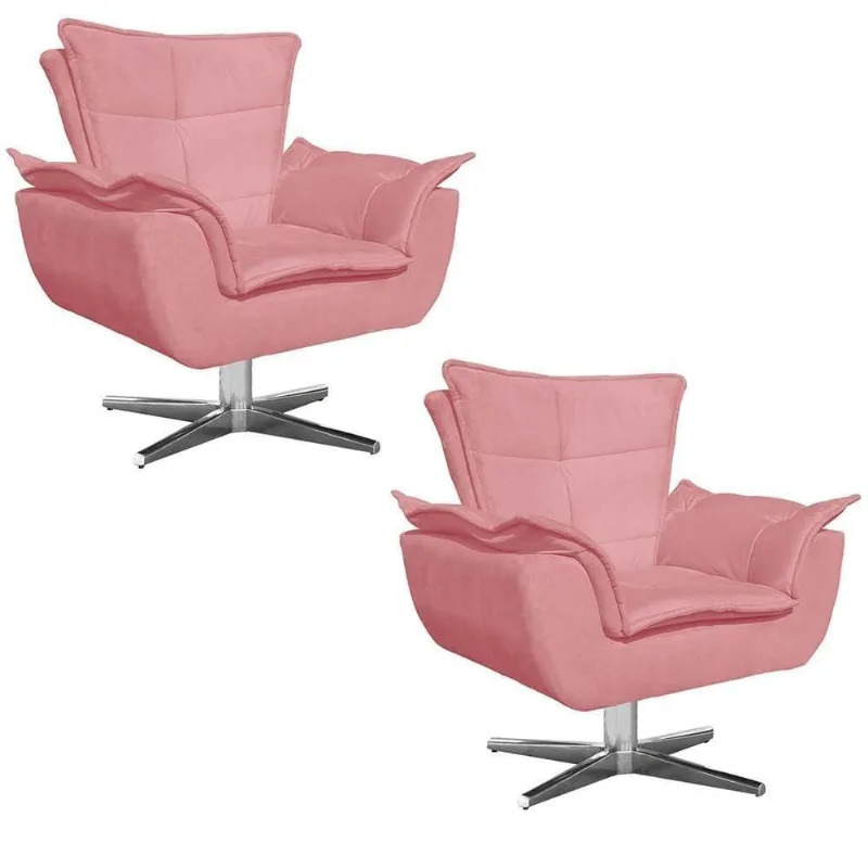 Kit 2 Poltronas Decorativas Sala De Estar Base Giratória Cromada Opla Suede Rose - Ibiza