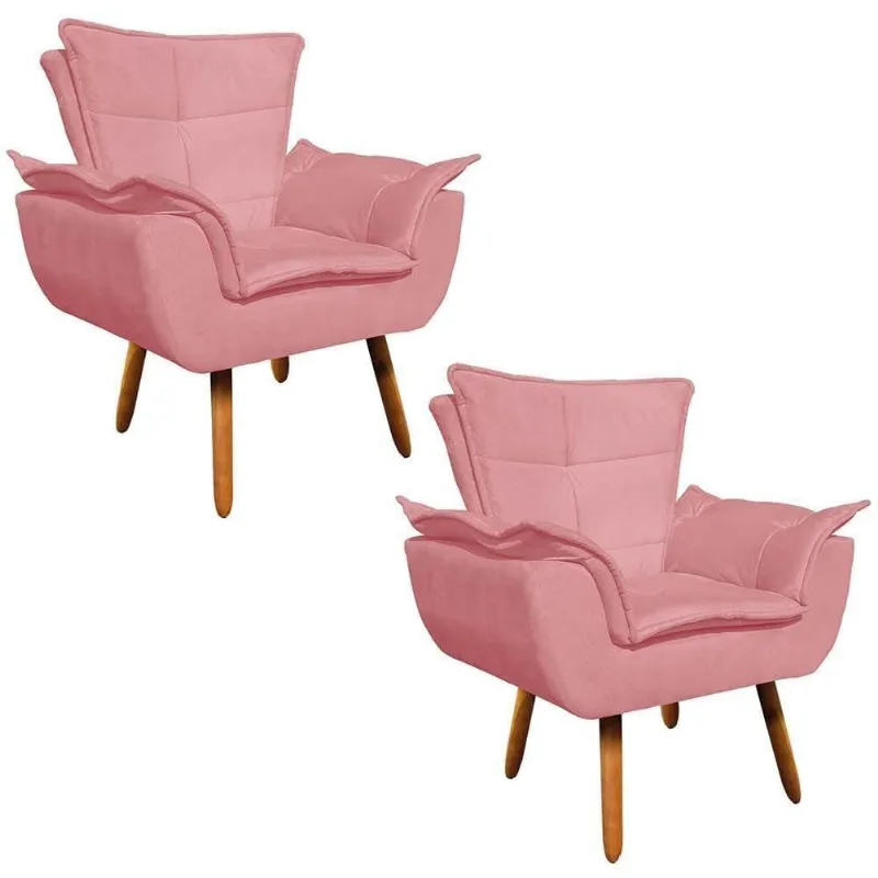 Kit 2 Poltronas Decorativas Sala De Estar Pés Palito Opla Suede Rose - Ibiza
