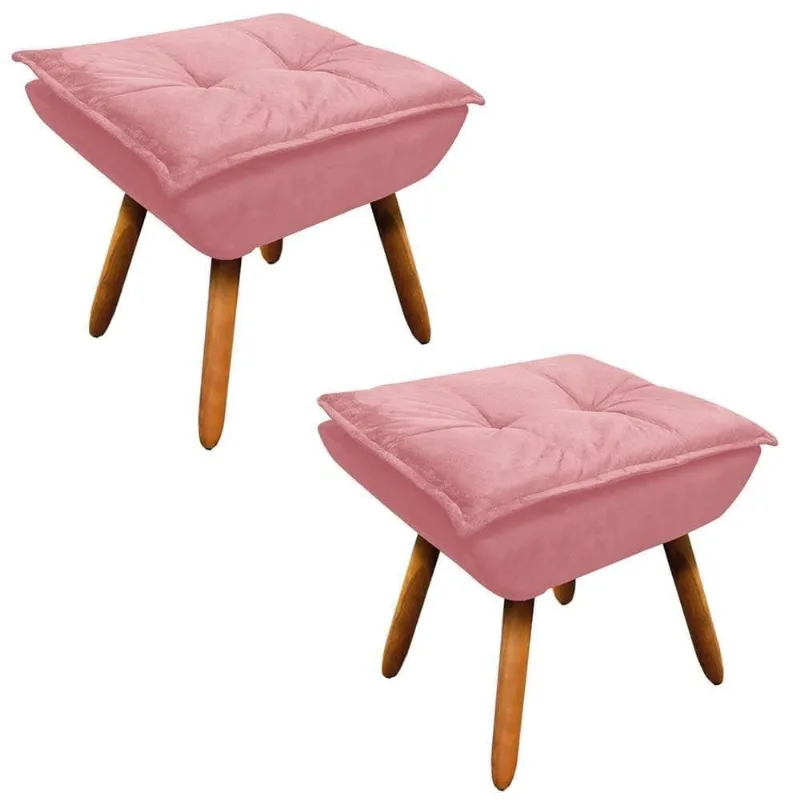 Kit 2 Puffs Decorativos Sala De Estar Pés Palito Opla Suede Rose - Ibiza