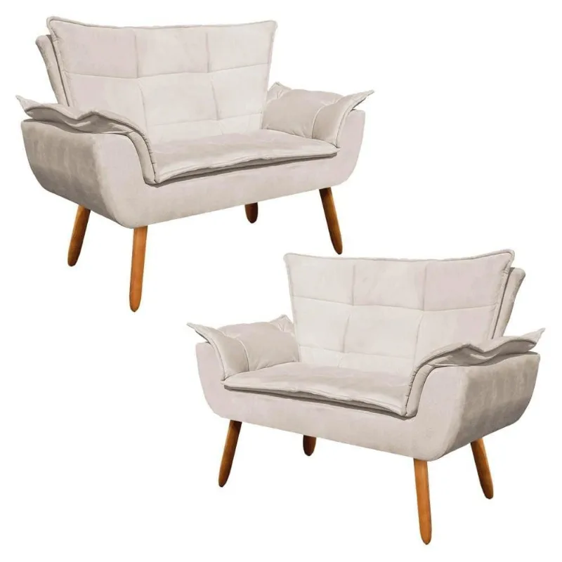 Kit 2 Poltronas Namoradeiras Pés Palito 2 Lugares Opla Suede Bege - Ibiza