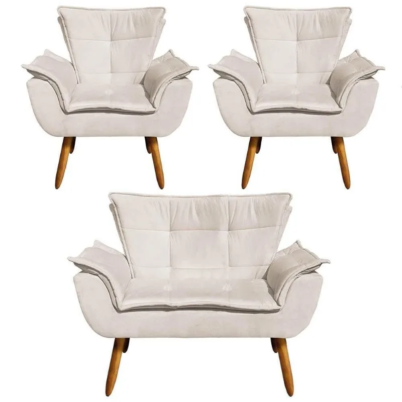 Kit Namoradeira 2 Lugares E 2 Poltronas Pés Suede Bege