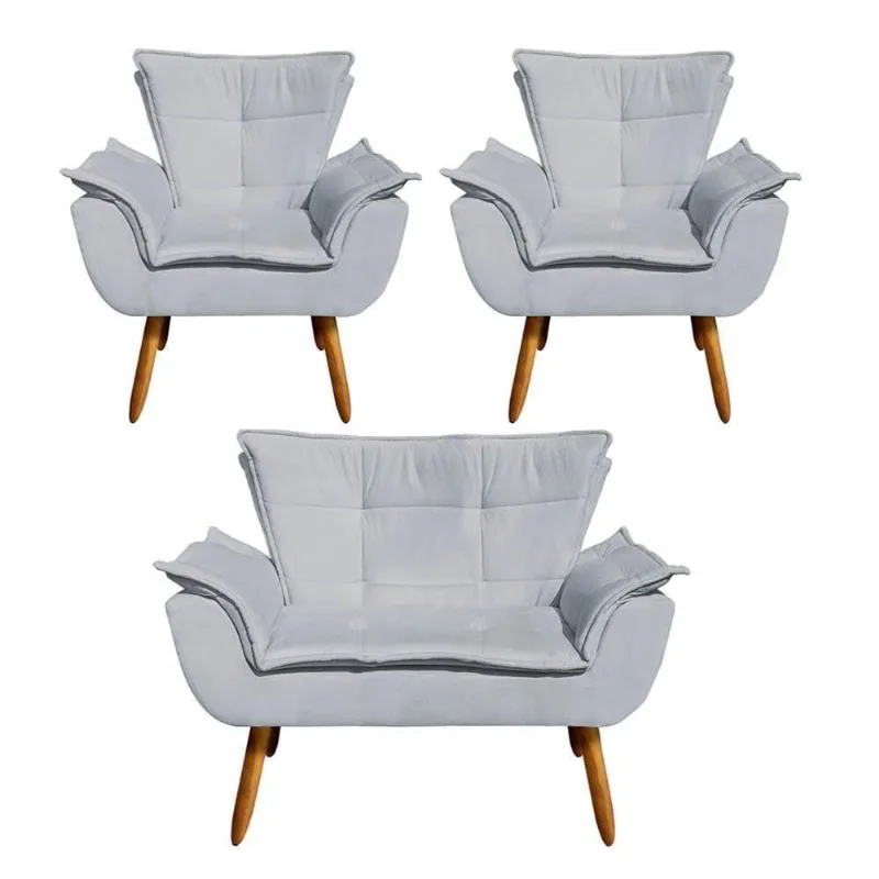 Kit Namoradeira 2 Lugares E 2 Poltronas Decorativas Pés Palito Opla Suede Cinza - Ibiza