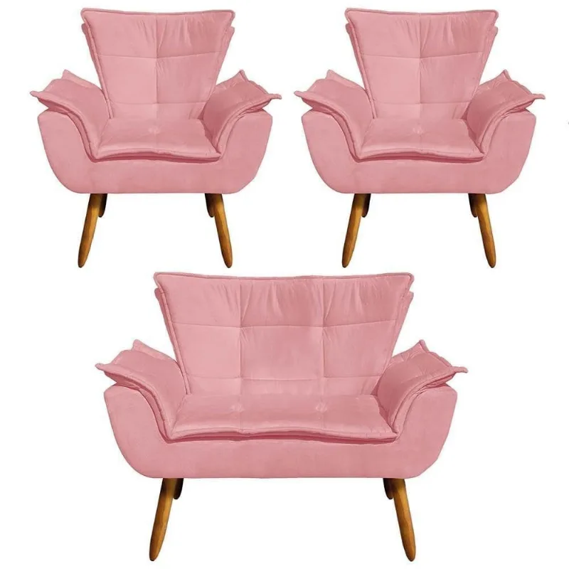 Kit Namoradeira 2 Lugares E 2 Poltronas Decorativas Pés Palito Opla Suede Rosê - Ibiza
