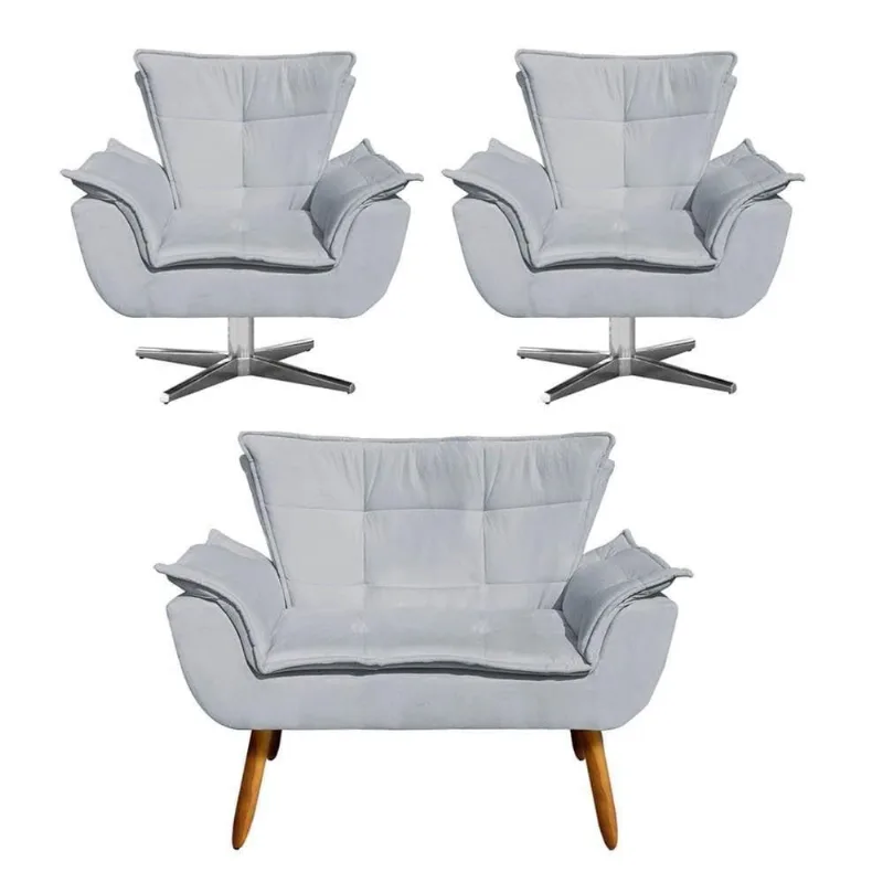 Kit Namoradeira E 2 Poltronas Giratórias Cromada Suede Cinza