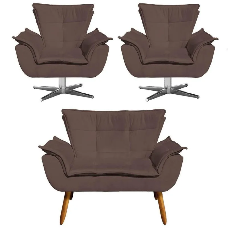 Kit Namoradeira 2 Poltronas Giratórias Cromada Suede Marrom