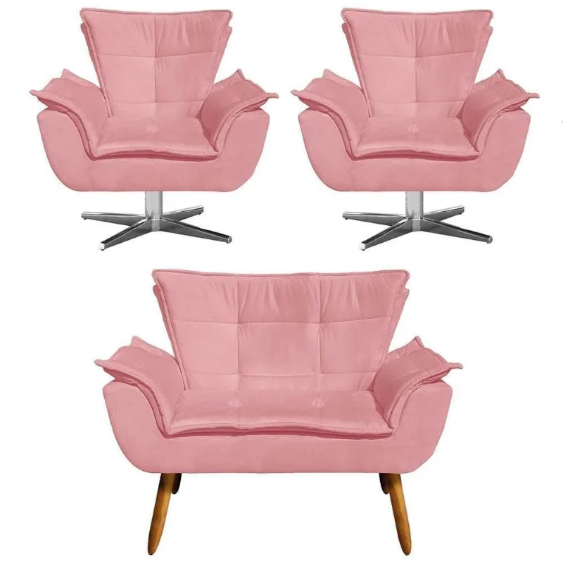 Kit Namoradeira E 2 Poltronas Giratórias Cromada Opla Suede Rose - Ibiza
