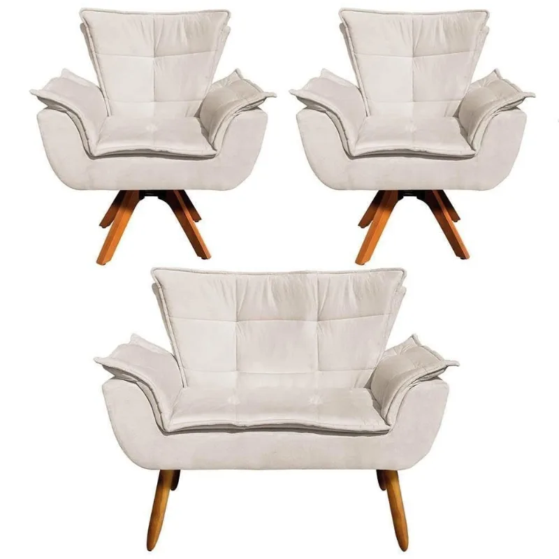Kit Namoradeira E 2 Poltronas Base Giratória Suede Bege