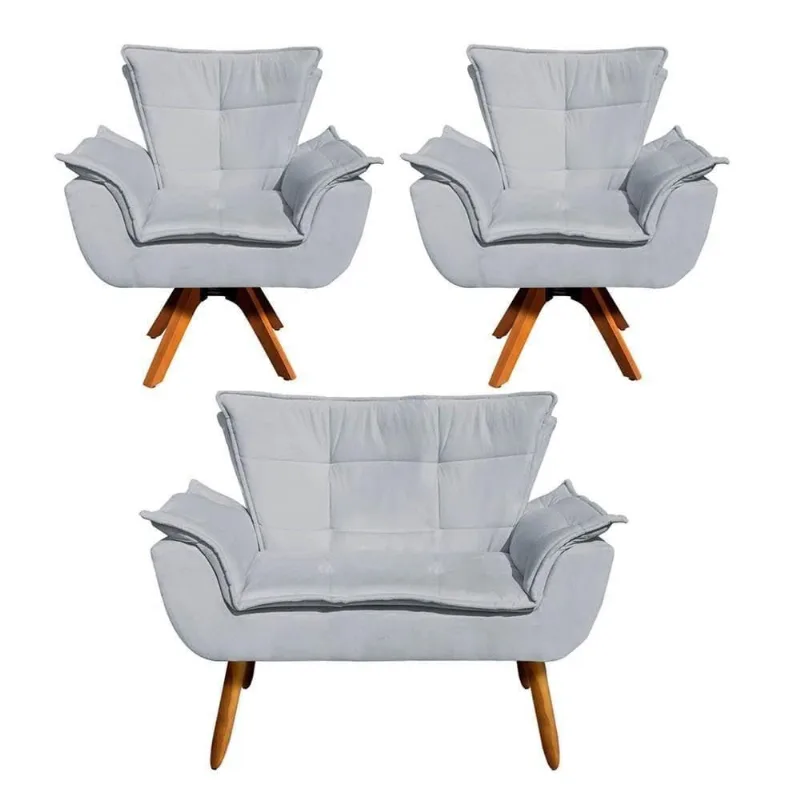 Kit Namoradeira E 2 Poltronas Base Giratória Madeira Opla Suede Cinza - Ibiza