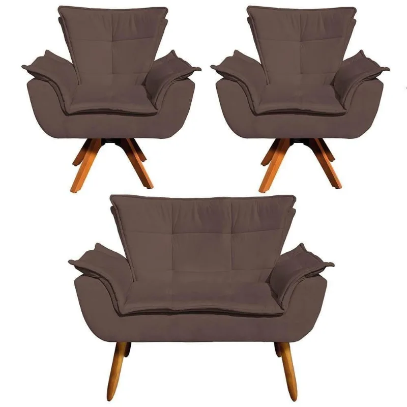 Kit Namoradeira E 2 Poltronas Base Giratória Suede Marrom