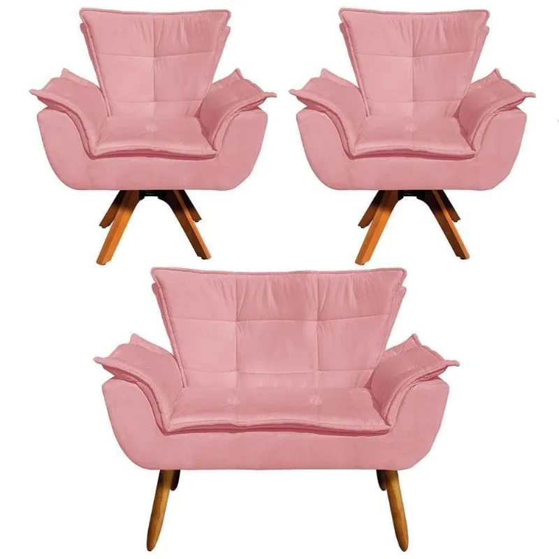 Kit Namoradeira E 2 Poltronas Base Giratória Madeira Opla Suede Rose - Ibiza