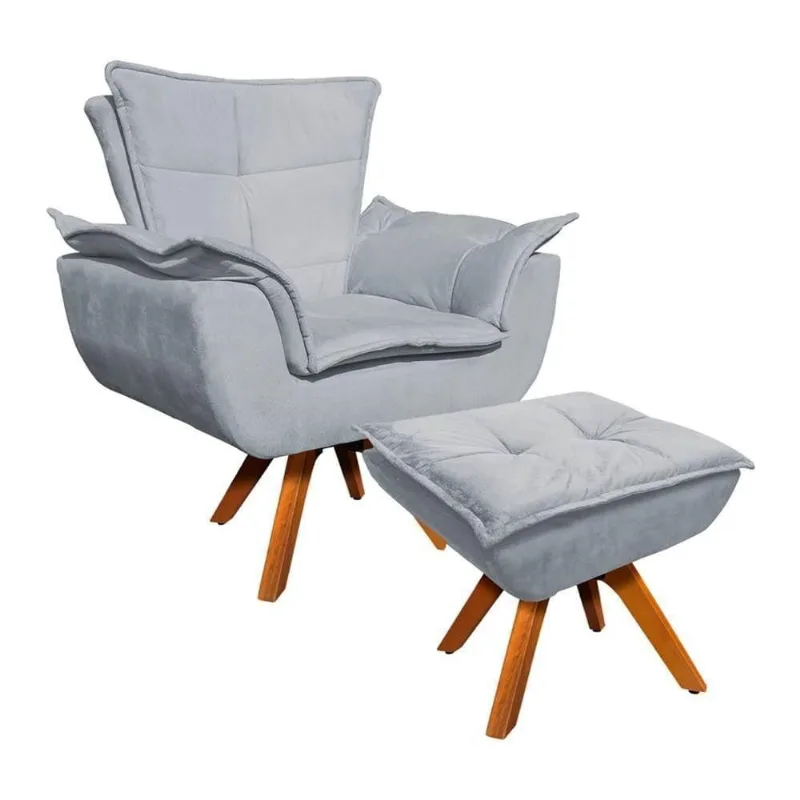 Poltrona Decorativa Base Giratória Giromad Com Puff Opla Suede Cinza - Ibiza