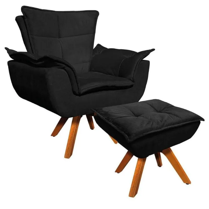 Poltrona Base Giratória Com Puff Suede Preto