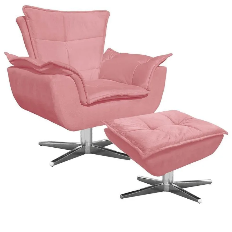 Poltrona Decorativa Base Giratória Cromada Com Puff Opla Suede Rose - Ibiza