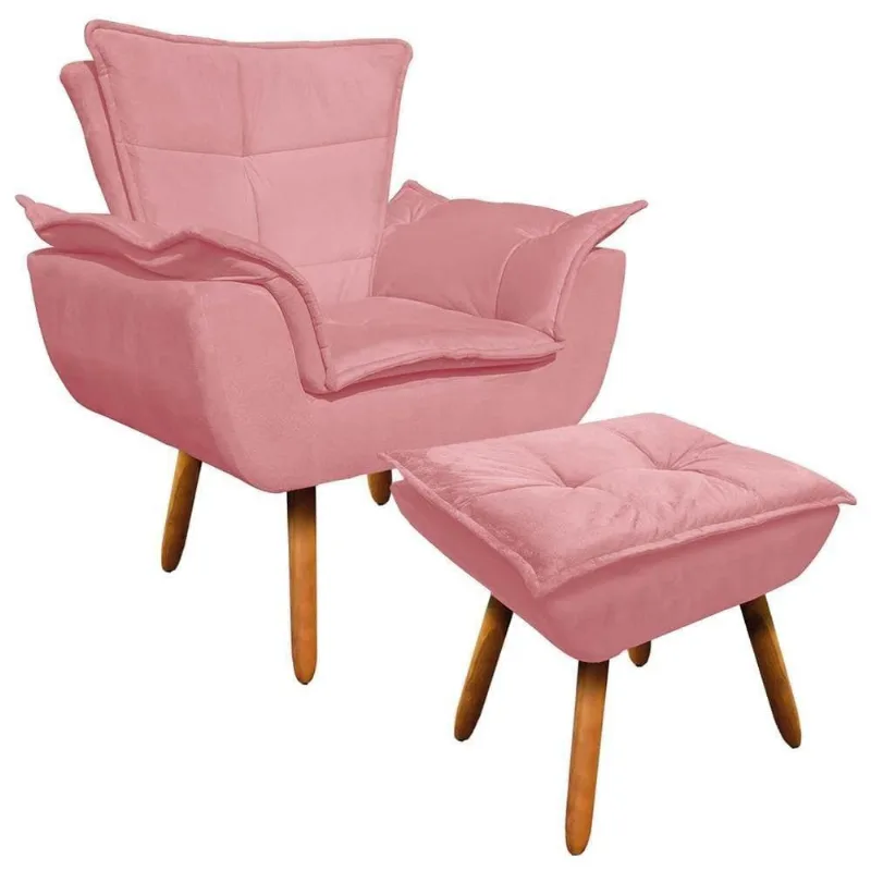 Poltrona Decorativa Pés Palito Com Puff Opla Suede Rose - Ibiza