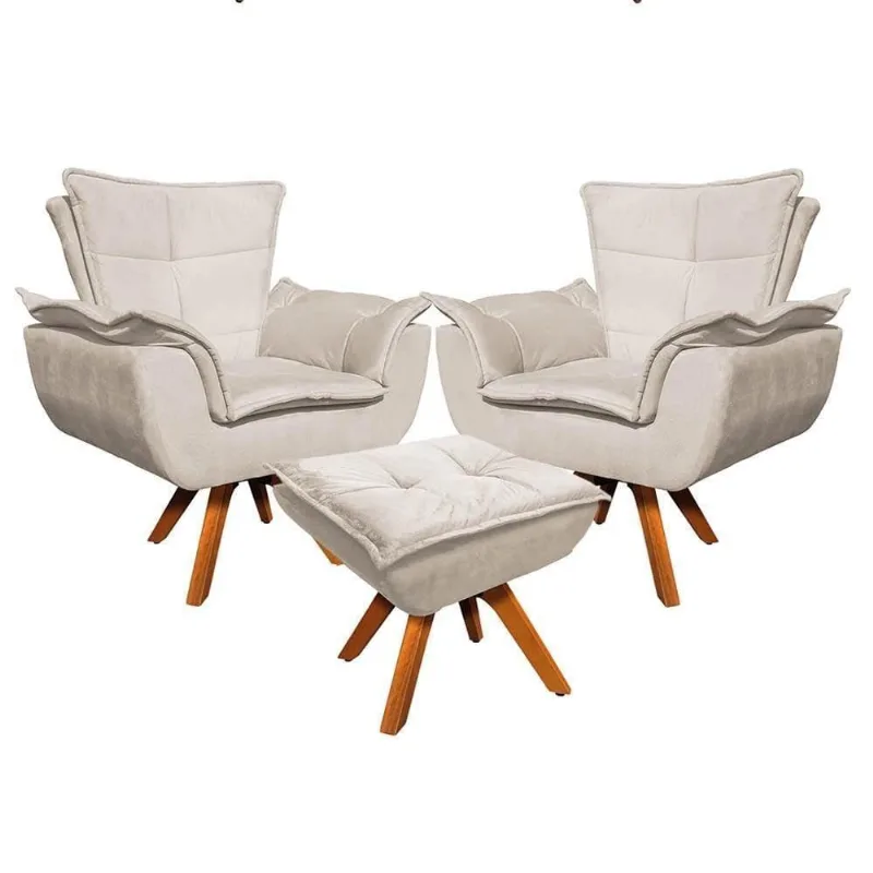 Kit 2 Poltronas Com Puff Suede Bege Ibiza