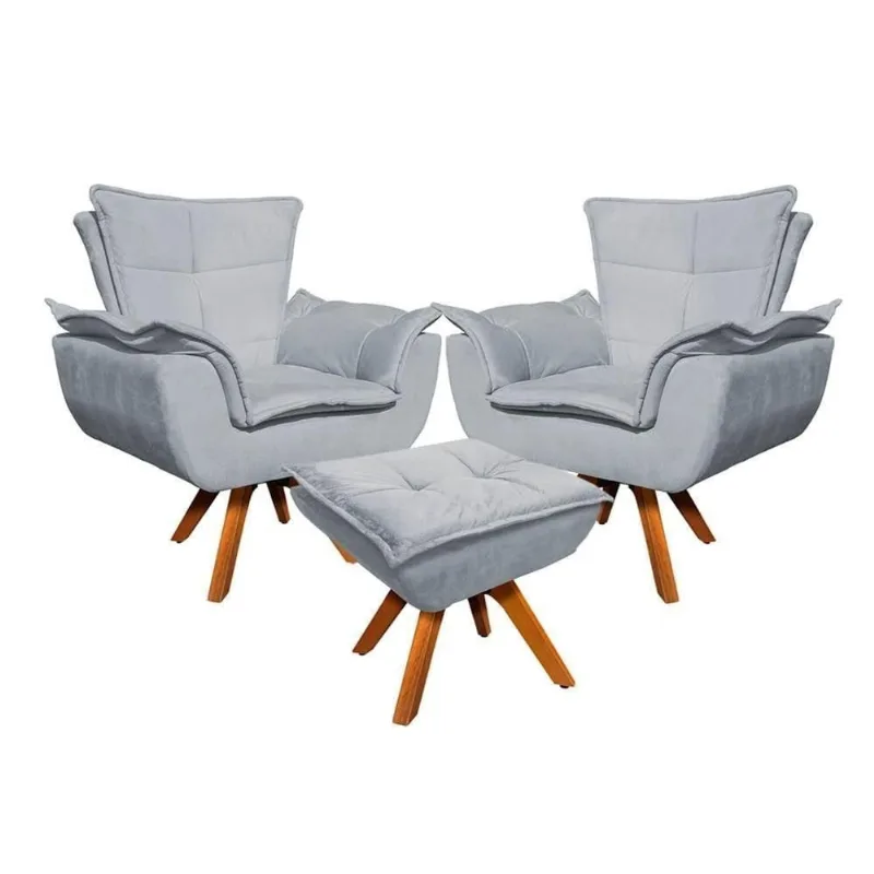 Kit 2 Poltronas Com Puff Suede Cinza Ibiza