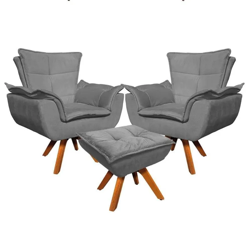Kit 2 Poltronas Decorativas Base Giratória Giromad Com Puff Opla Suede Grafite - Ibiza