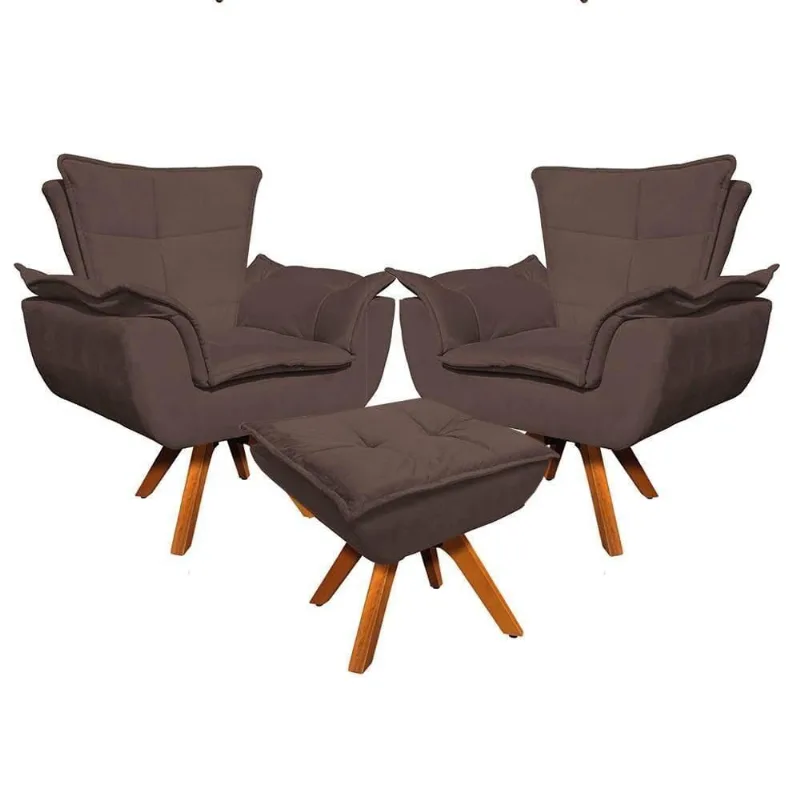 Kit 2 Poltronas Decorativas Base Giratória Giromad Com Puff Opla Suede Marrom - Ibiza