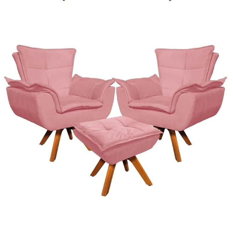 Kit 2 Poltronas Decorativas Base Giratória Giromad Com Puff Opla Suede Rose - Ibiza